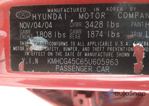 2005 Hyundai Accent Gls from USA, damaged, VIN KMHCG45C65U605963